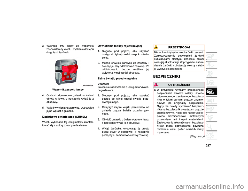 JEEP WRANGLER UNLIMITED 2021  Instrukcja obsługi (in Polish) 217
(Ciąg dalszy)
3. Wykręcić  trzy  śruby  ze  wspornikazespołu lampy w celu uzyskania dostępu
do gniazd żarówek.
Wspornik zespołu lampy
4. Obrócić  odpowiednie  gniazdo  o  ćwierć obrot
