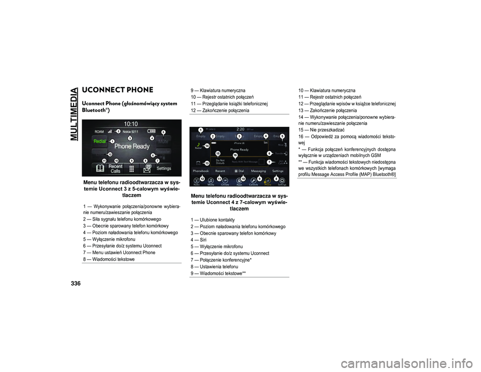 JEEP WRANGLER UNLIMITED 2021  Instrukcja obsługi (in Polish) MULTIMEDIA
336
UCONNECT PHONE  
Uconnect Phone (głośnomówiący system 
Bluetooth®)
Menu telefonu radioodtwarzacza w sys-temie Uconnect 3 z 5-calowym wyświe -
tlaczem Menu telefonu radioodtwarzacz