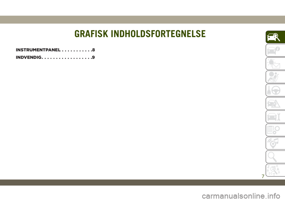 JEEP WRANGLER UNLIMITED 2019 Brugs- og vedligeholdelsesvejledning (in Danish) GRAFISK INDHOLDSFORTEGNELSE
INSTRUMENTPANEL...........8
INDVENDIG..................9
GRAFISK INDHOLDSFORTEGNELSE
7 JEEP WRANGLER UNLIMITED 2019 Brugs- og vedligeholdelsesvejledning (in Danish) GRAFISK INDHOLDSFORTEGNELSE
INSTRUMENTPANEL...........8
INDVENDIG..................9
GRAFISK INDHOLDSFORTEGNELSE
7