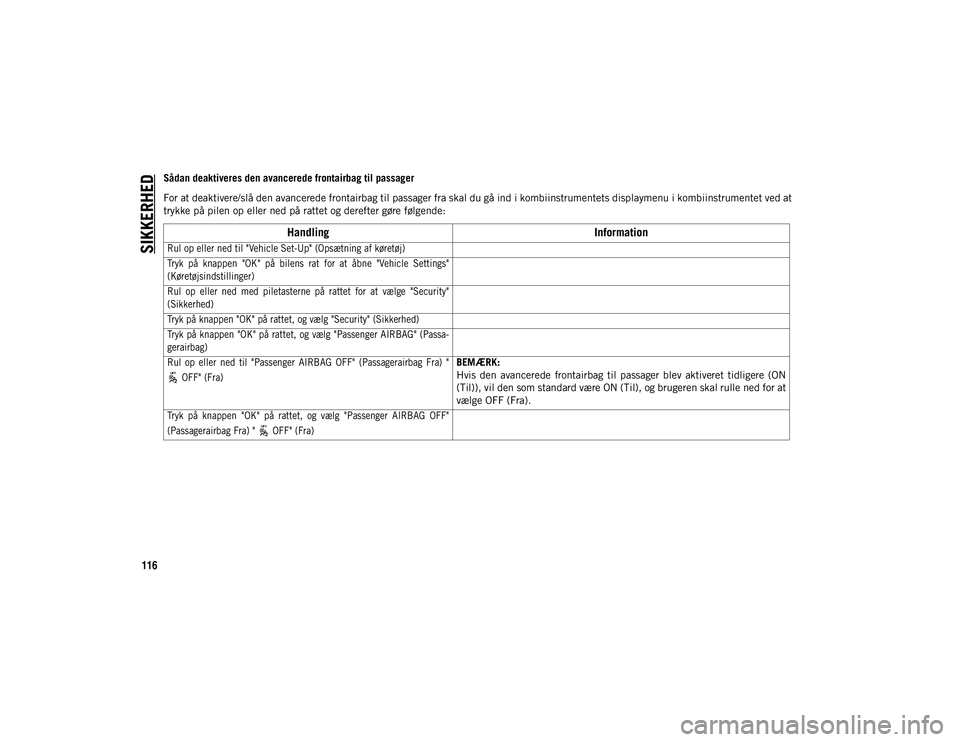 JEEP WRANGLER UNLIMITED 2020 Brugs- og vedligeholdelsesvejledning (in Danish) SIKKERHED
116
Sådan deaktiveres den avancerede frontairbag til passager
For at deaktivere/slå den avancerede frontairbag til passager fra skal du gå ind i kombiinstrumentets displaymenu i kombiinst JEEP WRANGLER UNLIMITED 2020 Brugs- og vedligeholdelsesvejledning (in Danish) SIKKERHED
116
Sådan deaktiveres den avancerede frontairbag til passager
For at deaktivere/slå den avancerede frontairbag til passager fra skal du gå ind i kombiinstrumentets displaymenu i kombiinst