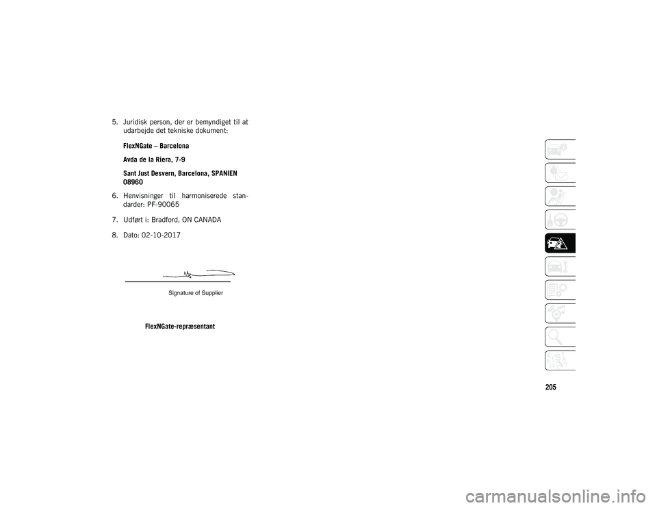 JEEP WRANGLER UNLIMITED 2020 Brugs- og vedligeholdelsesvejledning (in Danish) 205
5. Juridisk person, der er bemyndiget til atudarbejde det tekniske dokument:
FlexNGate – Barcelona
Avda de la Riera, 7-9
Sant Just Desvern, Barcelona, SPANIEN
08960
6. Henvisninger til harm JEEP WRANGLER UNLIMITED 2020 Brugs- og vedligeholdelsesvejledning (in Danish) 205
5. Juridisk person, der er bemyndiget til atudarbejde det tekniske dokument:
FlexNGate – Barcelona
Avda de la Riera, 7-9
Sant Just Desvern, Barcelona, SPANIEN
08960
6. Henvisninger til harm