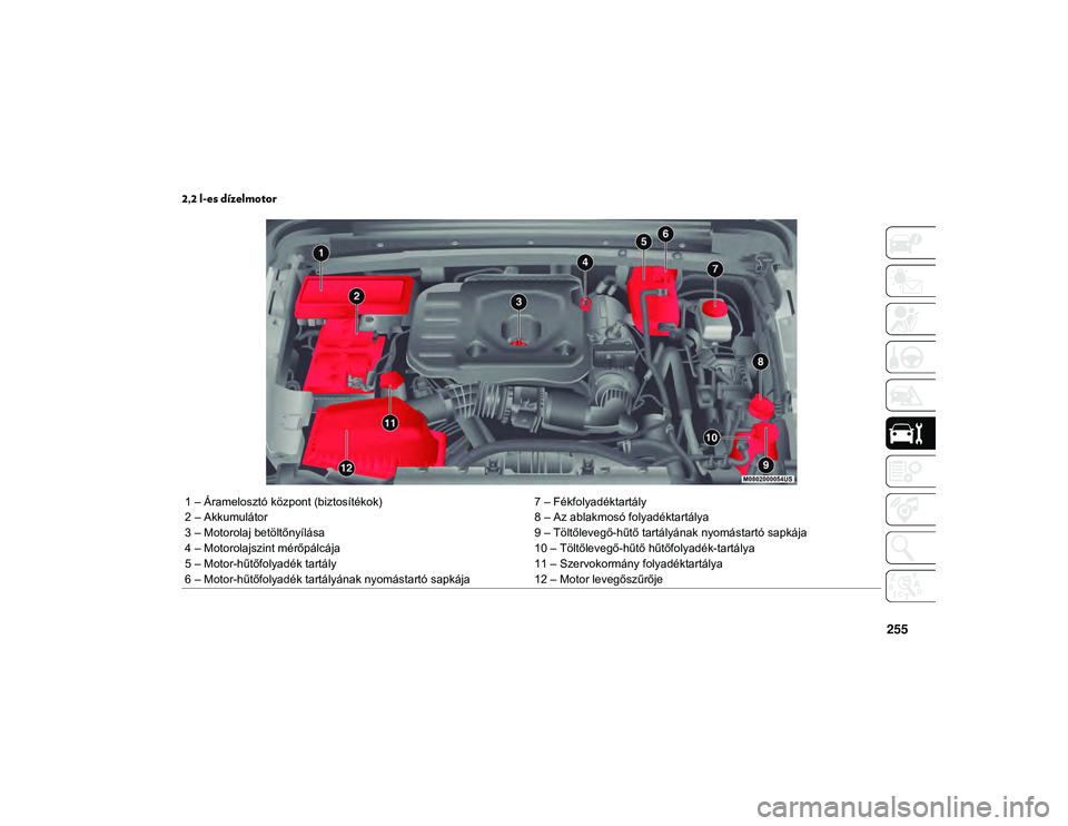 JEEP WRANGLER UNLIMITED 2020 Kezelési és karbantartási útmutató (in Hungarian) 255
2,2 l-es dízelmotor
1 – Áramelosztó központ (biztosítékok)7 – Fékfolyadéktartály
2 – Akkumulátor 8 – Az ablakmosó folyadéktartálya
3 – Motorolaj betöltőnyílása 9 – Tö JEEP WRANGLER UNLIMITED 2020 Kezelési és karbantartási útmutató (in Hungarian) 255
2,2 l-es dízelmotor
1 – Áramelosztó központ (biztosítékok)7 – Fékfolyadéktartály
2 – Akkumulátor 8 – Az ablakmosó folyadéktartálya
3 – Motorolaj betöltőnyílása 9 – Tö