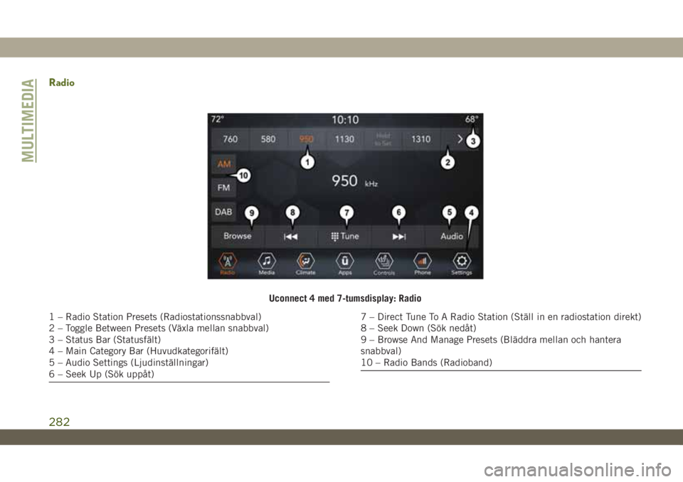 JEEP WRANGLER UNLIMITED 2019  Drift- och underhållshandbok (in Swedish) Radio
Uconnect 4 med 7-tumsdisplay: Radio
1 – Radio Station Presets (Radiostationssnabbval)
2 – Toggle Between Presets (Växla mellan snabbval)
3 – Status Bar (Statusfält)
4 – Main Category B