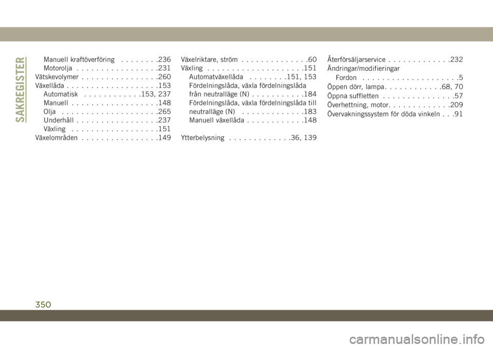 JEEP WRANGLER UNLIMITED 2018  Drift- och underhållshandbok (in Swedish) Manuell kraftöverföring........236
Motorolja.................231
Vätskevolymer................260
Växellåda...................153
Automatisk............153, 237
Manuell..................148
Olja.
