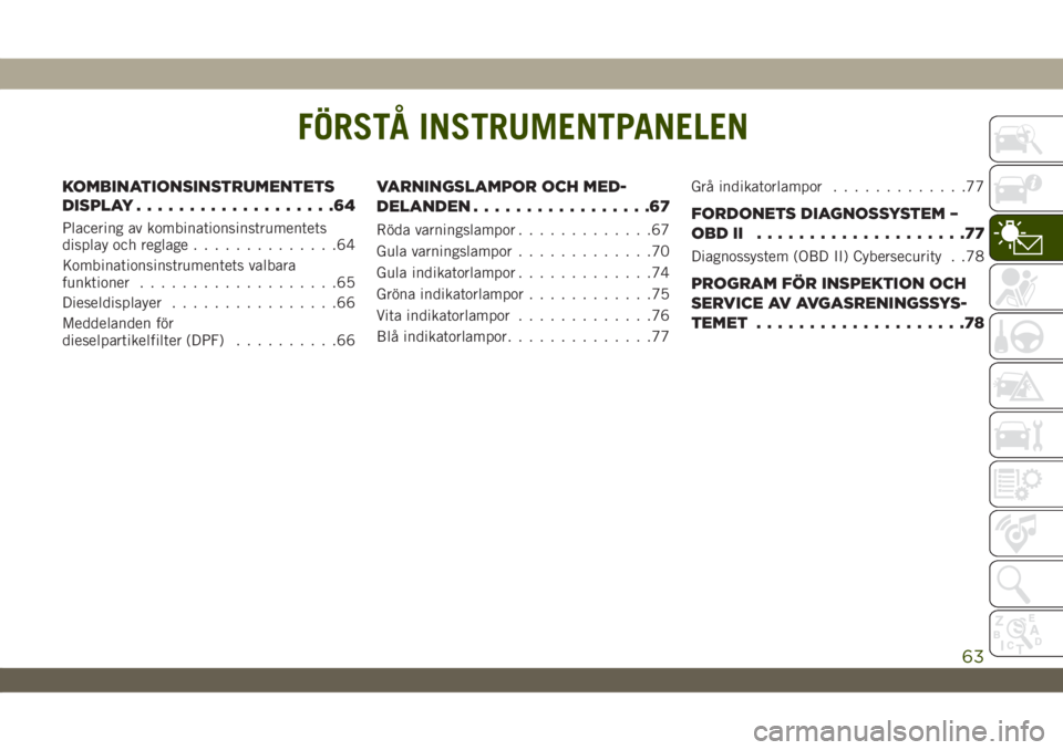 JEEP WRANGLER UNLIMITED 2019  Drift- och underhållshandbok (in Swedish) FÖRSTÅ INSTRUMENTPANELEN
KOMBINATIONSINSTRUMENTETS
DISPLAY...................64
Placering av kombinationsinstrumentets
display och reglage..............64
Kombinationsinstrumentets valbara
funktione
