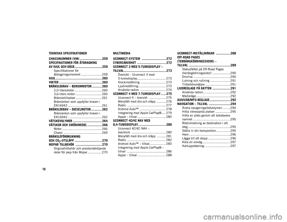 JEEP WRANGLER UNLIMITED 2021  Drift- och underhållshandbok (in Swedish) 10
TEKNISKA SPECIFIKATIONER
CHASSINUMMER (VIN) ........................ 259
SPECIFIKATIONER FÖR ÅTDRAGNING 
AV HJUL OCH DÄCK .............................. 259
Specifikationer för 
åtdragningsmom