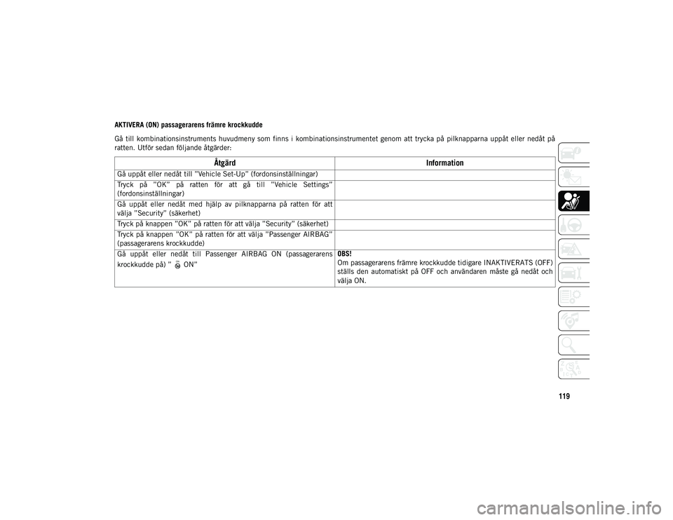 JEEP WRANGLER UNLIMITED 2021 Drift- och underhållshandbok (in Swedish) 119
AKTIVERA (ON) passagerarens främre krockkudde
Gå till kombinationsinstruments huvudmeny som finns i kombinationsinstrumentet genom att trycka på pilknapparna uppåt eller nedåt på
JEEP WRANGLER UNLIMITED 2021 Drift- och underhållshandbok (in Swedish) 119
AKTIVERA (ON) passagerarens främre krockkudde
Gå till kombinationsinstruments huvudmeny som finns i kombinationsinstrumentet genom att trycka på pilknapparna uppåt eller nedåt på