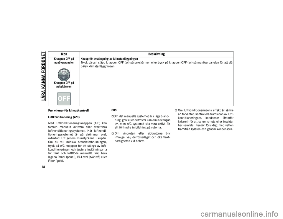 JEEP WRANGLER UNLIMITED 2021  Drift- och underhållshandbok (in Swedish) LÄRA KÄNNA FORDONET
48
Funktioner för klimatkontroll
Luftkonditionering (A/C) 
Med  luftkonditioneringsknappen  (A/C)  kan
föraren  manuellt  aktivera  eller  avaktivera
luftkonditioneringssysteme