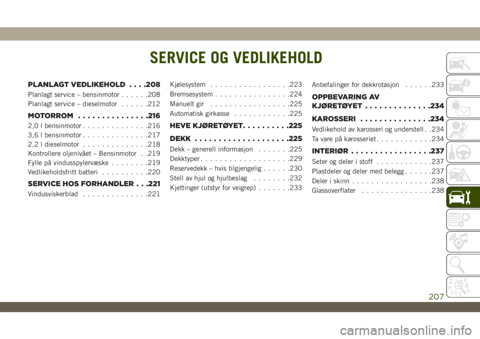 JEEP WRANGLER UNLIMITED 2018 Drift- og vedlikeholdshåndbok (in Norwegian) SERVICE OG VEDLIKEHOLD
PLANLAGT VEDLIKEHOLD. . . .208
Planlagt service – bensinmotor......208
Planlagt service – dieselmotor......212
MOTORROM...............216
2,0 l bensinmotor..............216
JEEP WRANGLER UNLIMITED 2018 Drift- og vedlikeholdshåndbok (in Norwegian) SERVICE OG VEDLIKEHOLD
PLANLAGT VEDLIKEHOLD. . . .208
Planlagt service – bensinmotor......208
Planlagt service – dieselmotor......212
MOTORROM...............216
2,0 l bensinmotor..............216