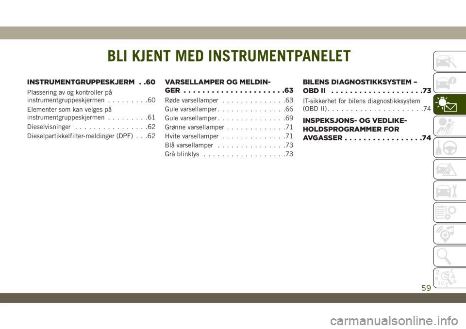 JEEP WRANGLER UNLIMITED 2018  Drift- og vedlikeholdshåndbok (in Norwegian) BLI KJENT MED INSTRUMENTPANELET
INSTRUMENTGRUPPESKJERM . .60
Plassering av og kontroller på
instrumentgruppeskjermen.........60
Elementer som kan velges på
instrumentgruppeskjermen.........61
Diesel