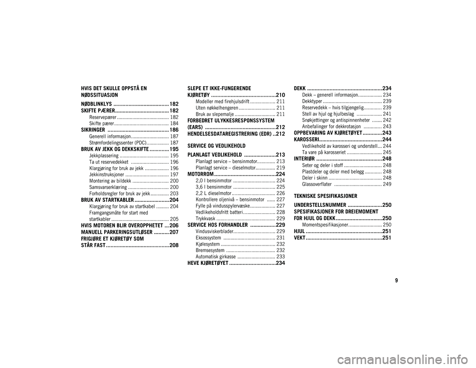 JEEP WRANGLER UNLIMITED 2021 Drift- og vedlikeholdshåndbok (in Norwegian) 9
HVIS DET SKULLE OPPSTÅ EN
NØDSSITUASJON
NØDBLINKLYS ..................................... 182
SKIFTE PÆRER.................................... 182
Reservepærer ............................... JEEP WRANGLER UNLIMITED 2021 Drift- og vedlikeholdshåndbok (in Norwegian) 9
HVIS DET SKULLE OPPSTÅ EN
NØDSSITUASJON
NØDBLINKLYS ..................................... 182
SKIFTE PÆRER.................................... 182
Reservepærer ...............................