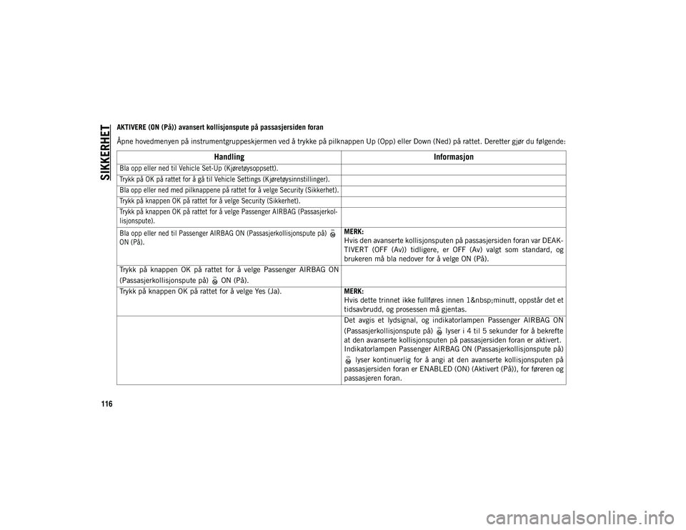JEEP WRANGLER UNLIMITED 2021  Drift- og vedlikeholdshåndbok (in Norwegian) SIKKERHET
116
AKTIVERE (ON (På)) avansert kollisjonspute på passasjersiden foran
Åpne hovedmenyen på instrumentgruppeskjermen ved å trykke på pilknappen Up (Opp) eller Down (Ned) på rattet. Der