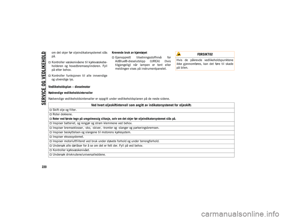 JEEP WRANGLER UNLIMITED 2020  Drift- og vedlikeholdshåndbok (in Norwegian) SERVICE OG VEDLIKEHOLD
220
om det skjer før oljeindikatorsystemet slås
på.
Kontroller væskenivåene til kjølevæskebe-
holderen  og  hovedbremsesylinderen.  Fyll
på etter behov.
Kontroller