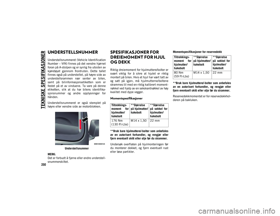 JEEP WRANGLER UNLIMITED 2021 Drift- og vedlikeholdshåndbok (in Norwegian) 250
TEKNISKE SPESIFIKASJONER
UNDERSTELLSNUMMER
Understellsnummeret (Vehicle Identification
Number – VIN) finnes på det venstre hjørnet
foran på A-stolpen og er synlig fra utsiden av
kjøretøyet JEEP WRANGLER UNLIMITED 2021 Drift- og vedlikeholdshåndbok (in Norwegian) 250
TEKNISKE SPESIFIKASJONER
UNDERSTELLSNUMMER
Understellsnummeret (Vehicle Identification
Number – VIN) finnes på det venstre hjørnet
foran på A-stolpen og er synlig fra utsiden av
kjøretøyet
