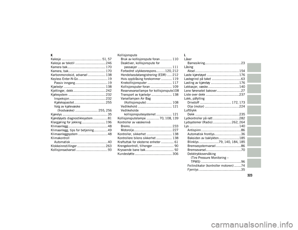 JEEP WRANGLER UNLIMITED 2021  Drift- og vedlikeholdshåndbok (in Norwegian) 323
K
Kalesje ......................................... 51, 57
Kalesje av tekstil ............................... 246
Kamera bak....................................... 170
Kamera, bak.................