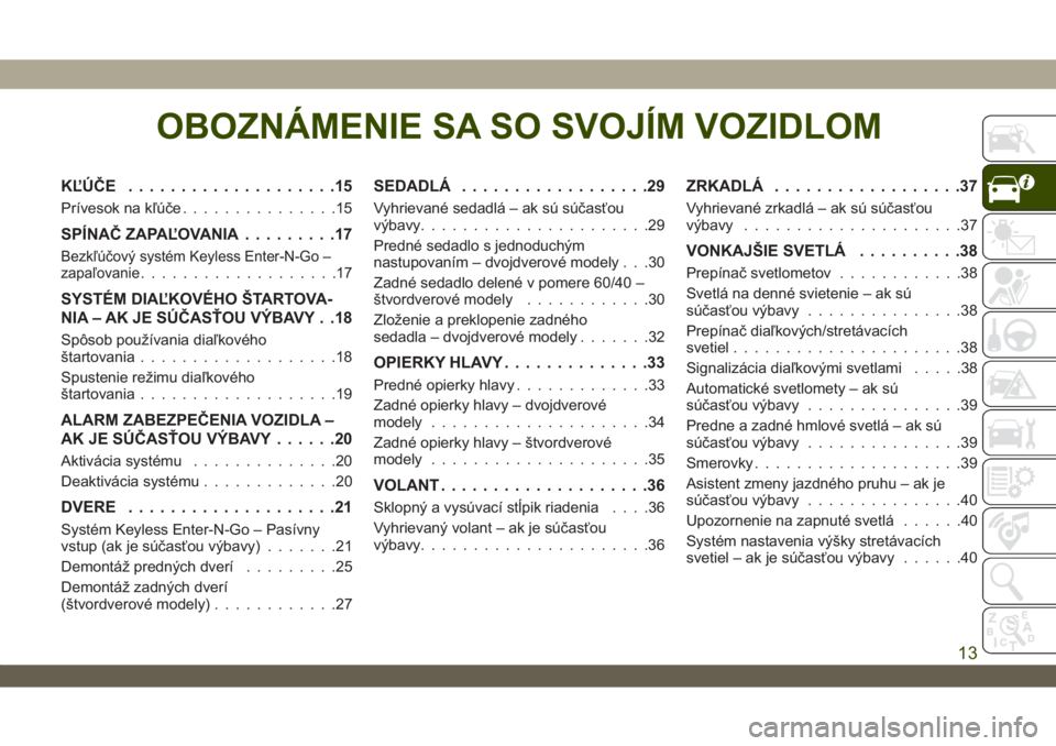 JEEP WRANGLER UNLIMITED 2019 Návod na použitie a údržbu (in Slovakian) OBOZNÁMENIE SA SO SVOJÍM VOZIDLOM
KĽÚČE....................15
Prívesok na kľúče...............15
SPÍNAČ ZAPAĽOVANIA.........17
Bezkľúčový systém Keyless Enter-N-Go –
zapaľovanie... JEEP WRANGLER UNLIMITED 2019 Návod na použitie a údržbu (in Slovakian) OBOZNÁMENIE SA SO SVOJÍM VOZIDLOM
KĽÚČE....................15
Prívesok na kľúče...............15
SPÍNAČ ZAPAĽOVANIA.........17
Bezkľúčový systém Keyless Enter-N-Go –
zapaľovanie...