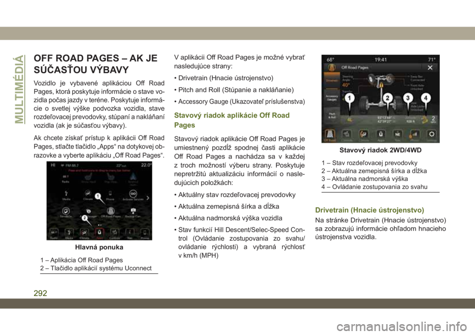 JEEP WRANGLER UNLIMITED 2018 Návod na použitie a údržbu (in Slovakian) OFF ROAD PAGES – AK JE
SÚČASŤOU VÝBAVY
Vozidlo jevybavené aplikáciou Off Road
Pages, ktorá poskytuje informácie o stave vo-
zidla počas jazdy v teréne. Poskytuje informá-
cie o svetlej v JEEP WRANGLER UNLIMITED 2018 Návod na použitie a údržbu (in Slovakian) OFF ROAD PAGES – AK JE
SÚČASŤOU VÝBAVY
Vozidlo jevybavené aplikáciou Off Road
Pages, ktorá poskytuje informácie o stave vo-
zidla počas jazdy v teréne. Poskytuje informá-
cie o svetlej v