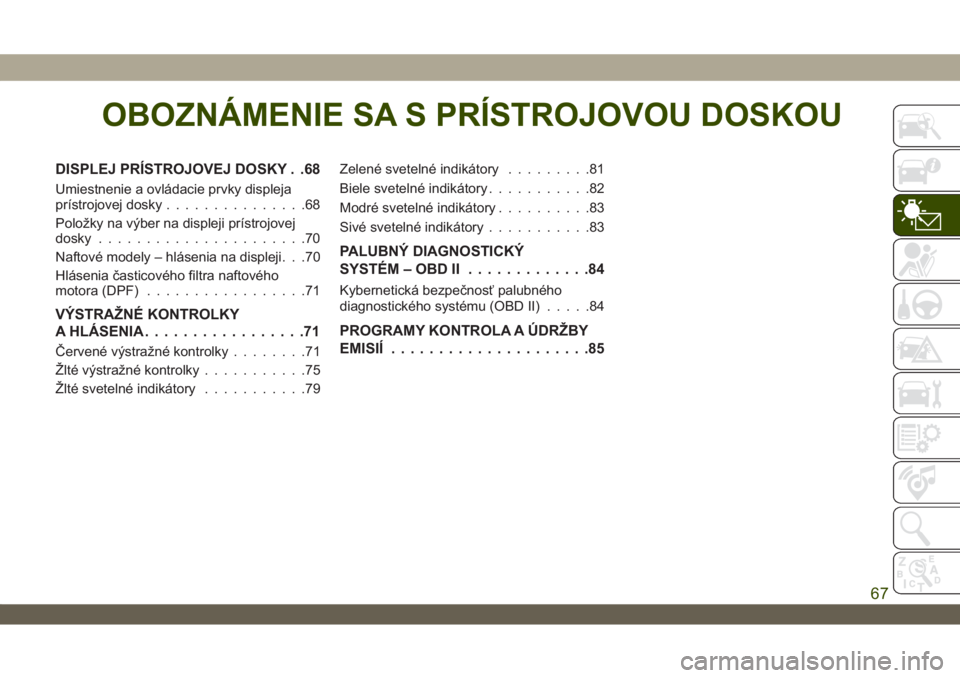 JEEP WRANGLER UNLIMITED 2018  Návod na použitie a údržbu (in Slovakian) OBOZNÁMENIE SA S PRÍSTROJOVOU DOSKOU
DISPLEJ PRÍSTROJOVEJ DOSKY . .68
Umiestnenie a ovládacie prvky displeja
prístrojovej dosky...............68
Položky na výber na displeji prístrojovej
dosky