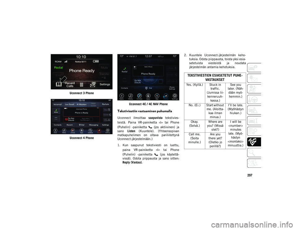 JEEP WRANGLER UNLIMITED 2021 Käyttö- ja huolto-ohjekirja (in in Finnish) 297
Uconnect 3 Phone
Uconnect 4 PhoneUconnect 4C / 4C NAV Phone
Tekstiviestiin vastaaminen puhumalla
Uconnect ilmoittaa
saapuvista tekstivies-
teistä. Paina VR-painiketta tai Phone
(Puhelin) JEEP WRANGLER UNLIMITED 2021 Käyttö- ja huolto-ohjekirja (in in Finnish) 297
Uconnect 3 Phone
Uconnect 4 PhoneUconnect 4C / 4C NAV Phone
Tekstiviestiin vastaaminen puhumalla
Uconnect ilmoittaa
saapuvista tekstivies-
teistä. Paina VR-painiketta tai Phone
(Puhelin)