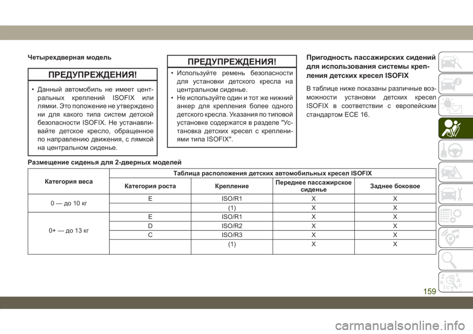 JEEP WRANGLER UNLIMITED 2019  Руководство по эксплуатации и техобслуживанию (in Russian) Четырехдверная модель
ПРЕДУПРЕЖДЕНИЯ!
• Данный автомобиль не имеет цент-
ральных креплений ISOFIX или
лямки. Эт