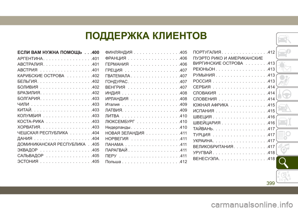 JEEP WRANGLER UNLIMITED 2019  Руководство по эксплуатации и техобслуживанию (in Russian) ПОДДЕРЖКАКЛИЕНТОВ
ЕСЛИ ВАМ НУЖНА ПОМОЩЬ . . .400
АРГЕНТИНА.................401
АВСТРАЛИЯ.................401
АВСТРИЯ..................401
К