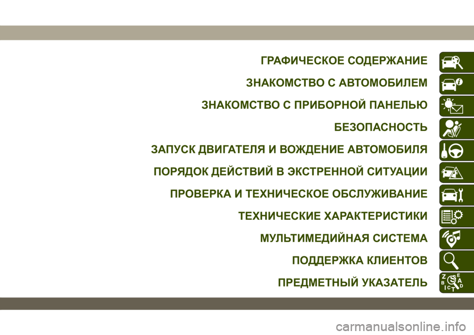 JEEP WRANGLER UNLIMITED 2018  Руководство по эксплуатации и техобслуживанию (in Russian) ГРАФИЧЕСКОЕ СОДЕРЖАНИЕ
ЗНАКОМСТВО С АВТОМОБИЛЕМ
ЗНАКОМСТВО С ПРИБОРНОЙ ПАНЕЛЬЮ
БЕЗОПАСНОСТЬ
ЗАПУСК ДВИГАТ