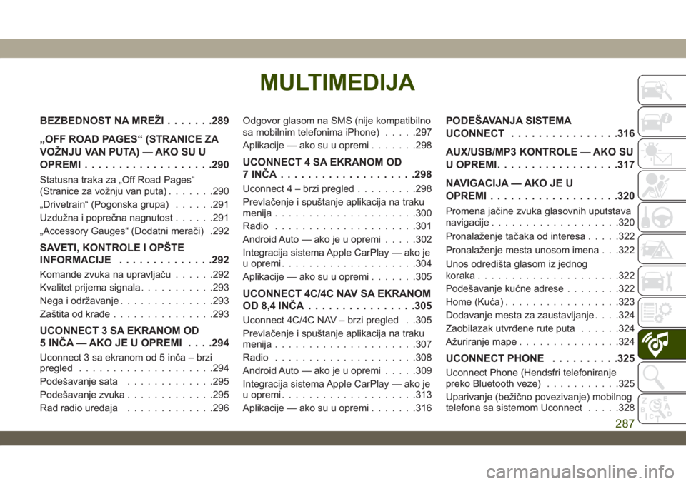 JEEP WRANGLER UNLIMITED 2019  Knjižica za upotrebu i održavanje (in Serbian) MULTIMEDIJA
BEZBEDNOST NA MREŽI.......289
„OFF ROAD PAGES“ (STRANICE ZA
VOŽNJU VAN PUTA) — AKO SU U
OPREMI...................290
Statusna traka za „Off Road Pages“
(Stranice za vožnju van