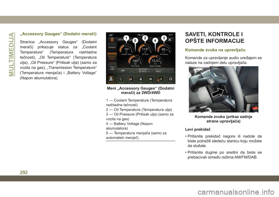 JEEP WRANGLER UNLIMITED 2018 Knjižica za upotrebu i održavanje (in Serbian) „Accessory Gauges“ (Dodatni merači)
Stranica „Accessory Gauges“ (Dodatni
merači) prikazuje status za „Coolant
Temperature“ (Temperatura rashladne
tečnosti), „Oil Temperature“ (Tempe JEEP WRANGLER UNLIMITED 2018 Knjižica za upotrebu i održavanje (in Serbian) „Accessory Gauges“ (Dodatni merači)
Stranica „Accessory Gauges“ (Dodatni
merači) prikazuje status za „Coolant
Temperature“ (Temperatura rashladne
tečnosti), „Oil Temperature“ (Tempe