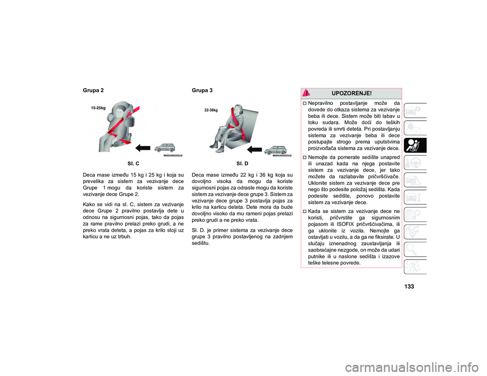 JEEP WRANGLER UNLIMITED 2021  Knjižica za upotrebu i održavanje (in Serbian) 133
Grupa 2
Sl. C
Deca  mase  između  15  kg  i  25  kg  i  koja  su
prevelika  za  sistem  za  vezivanje  dece
Grupe  1 mogu  da  koriste  sistem  za
vezivanje dece Grupe 2.
Kako  se  vidi  na  sl. 