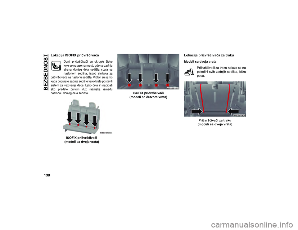 JEEP WRANGLER UNLIMITED 2021  Knjižica za upotrebu i održavanje (in Serbian) BEZBEDNOST
138
Lokacija ISOFIX pričvršćivača

Donji  pričvršćivači  su  okrugle  šipke
koje se nalaze na mestu gde se zadnja
strana  donjeg  dela  sedišta  spaja  sa
naslonom  sedišta,  isp