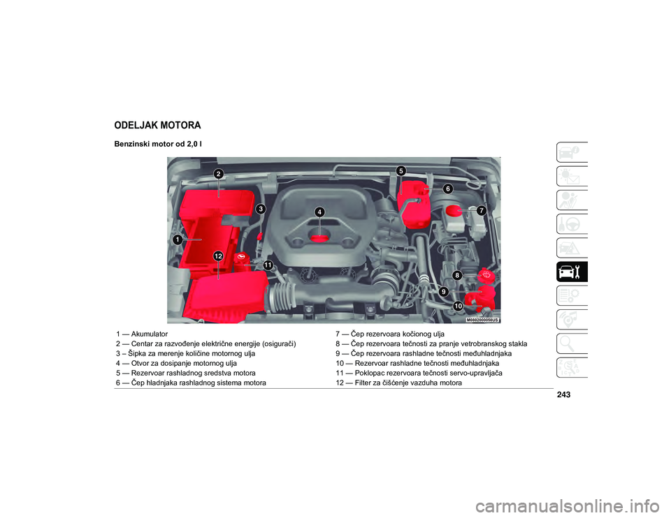 JEEP WRANGLER UNLIMITED 2020  Knjižica za upotrebu i održavanje (in Serbian) 243

ODELJAK MOTORA  

Benzinski motor od 2,0 l 
1 — Akumulator7 — Čep rezervoara kočionog ulja
2 — Centar za razvođenje električne energije (osigurači) 8 — Čep rezervoara tečnosti za p
