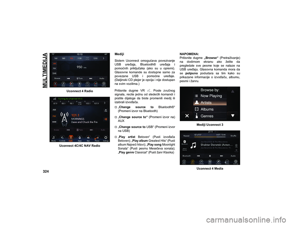 JEEP WRANGLER UNLIMITED 2020 Knjižica za upotrebu i održavanje (in Serbian) MULTIMEDIJA
324
Uconnect 4 Radio
Uconnect 4C/4C NAV Radio
Mediji
Sistem Uconnect omogućava povezivanje
USB uređaja, Bluetooth® uređaja i
pomoćnih priključaka (ako su u opremi).
Glaso JEEP WRANGLER UNLIMITED 2020 Knjižica za upotrebu i održavanje (in Serbian) MULTIMEDIJA
324
Uconnect 4 Radio
Uconnect 4C/4C NAV Radio
Mediji
Sistem Uconnect omogućava povezivanje
USB uređaja, Bluetooth® uređaja i
pomoćnih priključaka (ako su u opremi).
Glaso