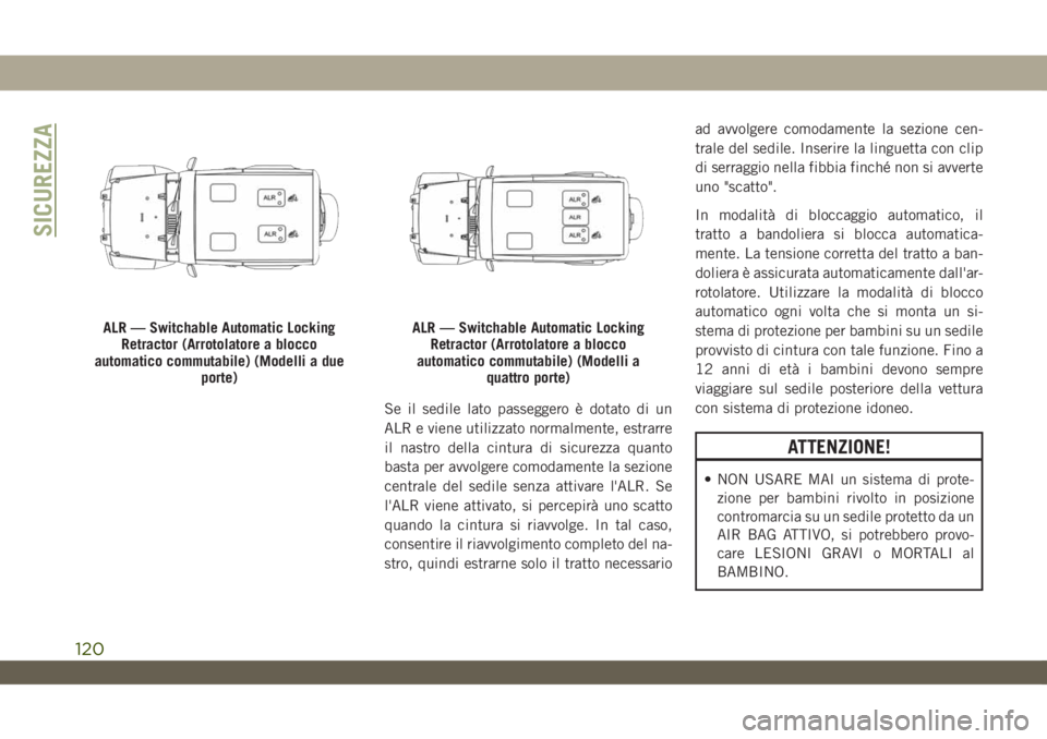 JEEP WRANGLER 2DOORS 2018 Libretto Uso Manutenzione (in Italian) Se il sedile lato passeggero è dotato di un
ALR e viene utilizzato normalmente, estrarre
il nastro della cintura di sicurezza quanto
basta per avvolgere comodamente la sezione
centrale del sedile sen JEEP WRANGLER 2DOORS 2018 Libretto Uso Manutenzione (in Italian) Se il sedile lato passeggero è dotato di un
ALR e viene utilizzato normalmente, estrarre
il nastro della cintura di sicurezza quanto
basta per avvolgere comodamente la sezione
centrale del sedile sen