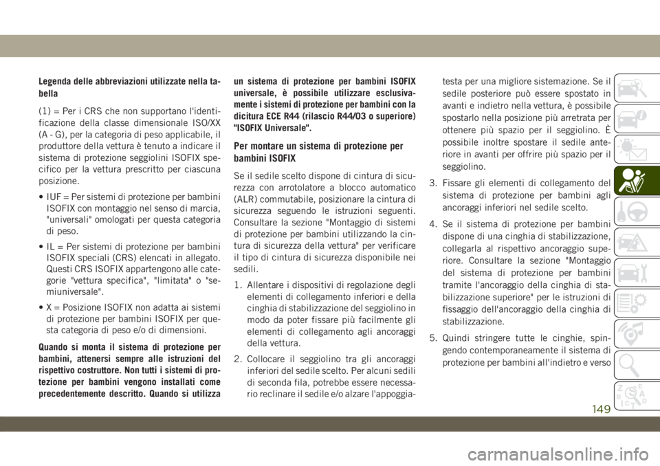 JEEP WRANGLER 2DOORS 2018 Libretto Uso Manutenzione (in Italian) Legenda delle abbreviazioni utilizzate nella ta-
bella
(1) = Per i CRS che non supportano l'identi-
ficazione della classe dimensionale ISO/XX
(A - G), per la categoria di peso applicabile, il
pro JEEP WRANGLER 2DOORS 2018 Libretto Uso Manutenzione (in Italian) Legenda delle abbreviazioni utilizzate nella ta-
bella
(1) = Per i CRS che non supportano l'identi-
ficazione della classe dimensionale ISO/XX
(A - G), per la categoria di peso applicabile, il
pro