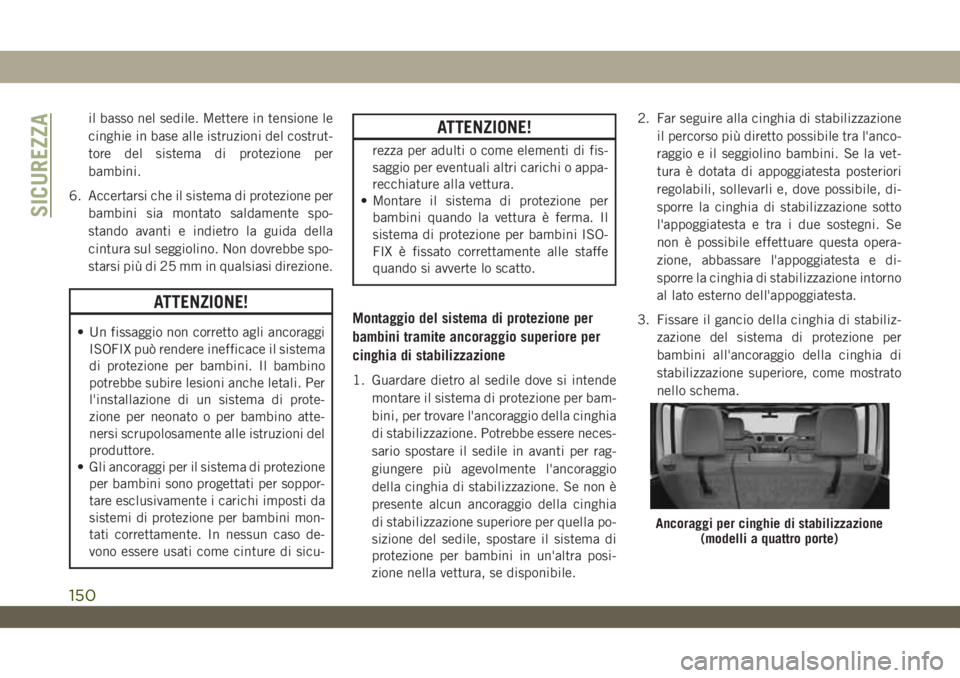 JEEP WRANGLER 2DOORS 2018 Libretto Uso Manutenzione (in Italian) il basso nel sedile. Mettere in tensione le
cinghie in base alle istruzioni del costrut-
tore del sistema di protezione per
bambini.
6. Accertarsi che il sistema di protezione per
bambini sia montato JEEP WRANGLER 2DOORS 2018 Libretto Uso Manutenzione (in Italian) il basso nel sedile. Mettere in tensione le
cinghie in base alle istruzioni del costrut-
tore del sistema di protezione per
bambini.
6. Accertarsi che il sistema di protezione per
bambini sia montato