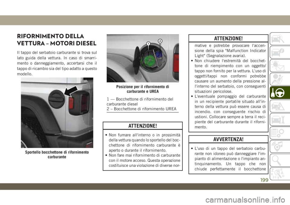 JEEP WRANGLER 2DOORS 2019  Libretto Uso Manutenzione (in Italian) RIFORNIMENTO DELLA
VETTURA – MOTORI DIESEL
Il tappo del serbatoio carburante si trova sul
lato guida della vettura. In caso di smarri-
mento o danneggiamento, accertarsi che il
tappo di ricambio sia