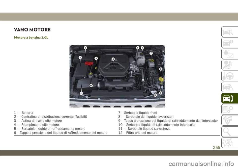 JEEP WRANGLER 2DOORS 2019  Libretto Uso Manutenzione (in Italian) VANO MOTORE
Motore a benzina 2.0L
1 — Batteria 7 – Serbatoio liquido freni
2 — Centralina di distribuzione corrente (fusibili) 8 — Serbatoio del liquido lavacristalli
3 — Astina di livello o