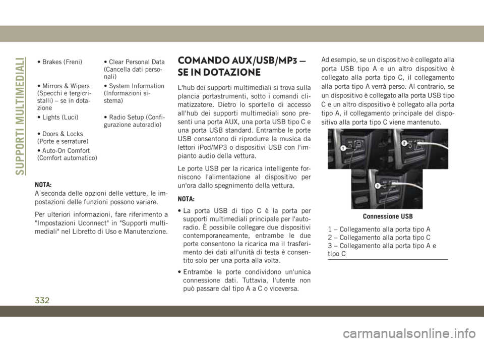 JEEP WRANGLER 2DOORS 2019 Libretto Uso Manutenzione (in Italian) • Brakes (Freni) • Clear Personal Data
(Cancella dati perso-
nali)
• Mirrors & Wipers
(Specchi e tergicri-
stalli) – se in dota-
zione• System Information
(Informazioni si-
stema)
• Lights JEEP WRANGLER 2DOORS 2019 Libretto Uso Manutenzione (in Italian) • Brakes (Freni) • Clear Personal Data
(Cancella dati perso-
nali)
• Mirrors & Wipers
(Specchi e tergicri-
stalli) – se in dota-
zione• System Information
(Informazioni si-
stema)
• Lights