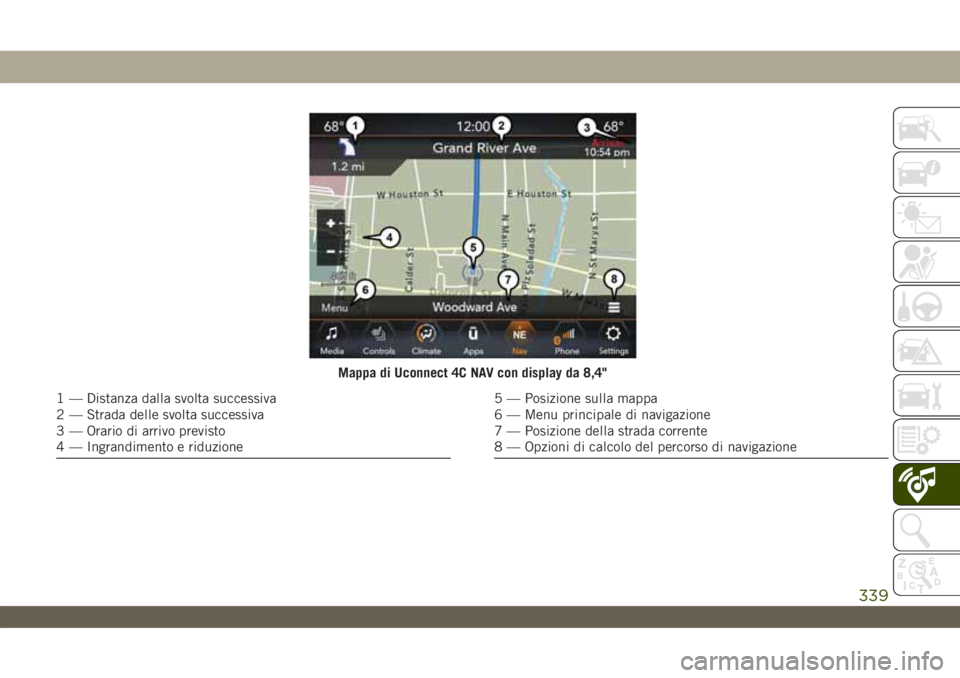 JEEP WRANGLER 2DOORS 2019 Libretto Uso Manutenzione (in Italian) Mappa di Uconnect 4C NAV con display da 8,4"
1 — Distanza dalla svolta successiva
2 — Strada delle svolta successiva
3 — Orario di arrivo previsto
4 — Ingrandimento e riduzione5 — Posizi JEEP WRANGLER 2DOORS 2019 Libretto Uso Manutenzione (in Italian) Mappa di Uconnect 4C NAV con display da 8,4"
1 — Distanza dalla svolta successiva
2 — Strada delle svolta successiva
3 — Orario di arrivo previsto
4 — Ingrandimento e riduzione5 — Posizi