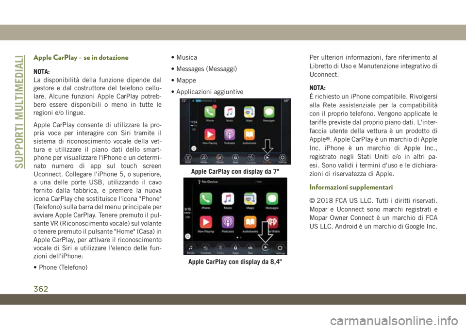 JEEP WRANGLER 2DOORS 2019 Libretto Uso Manutenzione (in Italian) Apple CarPlay – se in dotazione
NOTA:
La disponibilità della funzione dipende dal
gestore e dal costruttore del telefono cellu-
lare. Alcune funzioni Apple CarPlay potreb-
bero essere disponibili o JEEP WRANGLER 2DOORS 2019 Libretto Uso Manutenzione (in Italian) Apple CarPlay – se in dotazione
NOTA:
La disponibilità della funzione dipende dal
gestore e dal costruttore del telefono cellu-
lare. Alcune funzioni Apple CarPlay potreb-
bero essere disponibili o