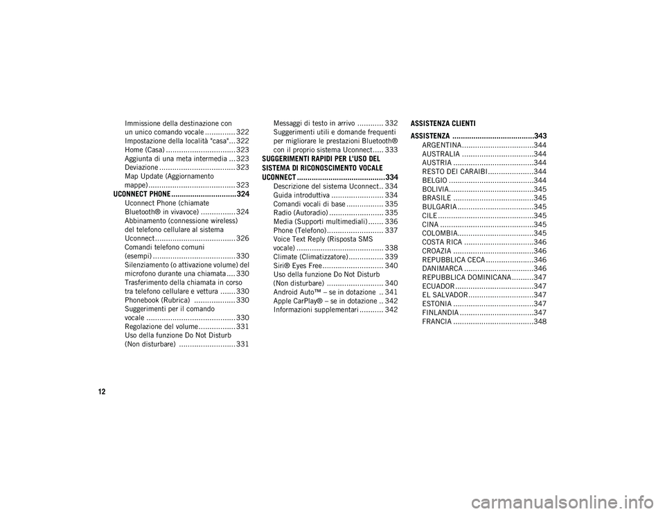 JEEP WRANGLER 2DOORS 2020  Libretto Uso Manutenzione (in Italian) 12
Immissione della destinazione con 
un unico comando vocale .............. 322 Impostazione della località "casa"... 322
Home (Casa) ................................ 323
Aggiunta di una met