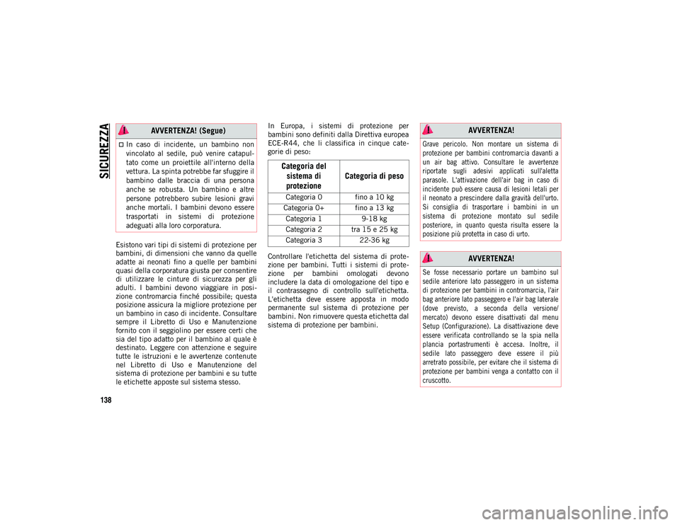JEEP WRANGLER 2DOORS 2020  Libretto Uso Manutenzione (in Italian) SICUREZZA
138
Esistono vari tipi di sistemi di protezione per
bambini, di dimensioni che vanno da quelle
adatte  ai  neonati  fino  a  quelle  per  bambini
quasi della corporatura giusta per consentir