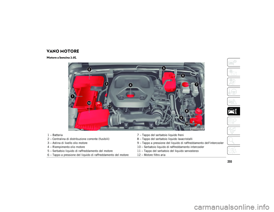 JEEP WRANGLER 2DOORS 2020  Libretto Uso Manutenzione (in Italian) 255
VANO MOTORE  
Motore a benzina 2.0L 
1 – Batteria7 – Tappo del serbatoio liquido freni
2 – Centralina di distribuzione corrente (fusibili) 8 – Tappo del serbatoio liquido lavacristalli
3 