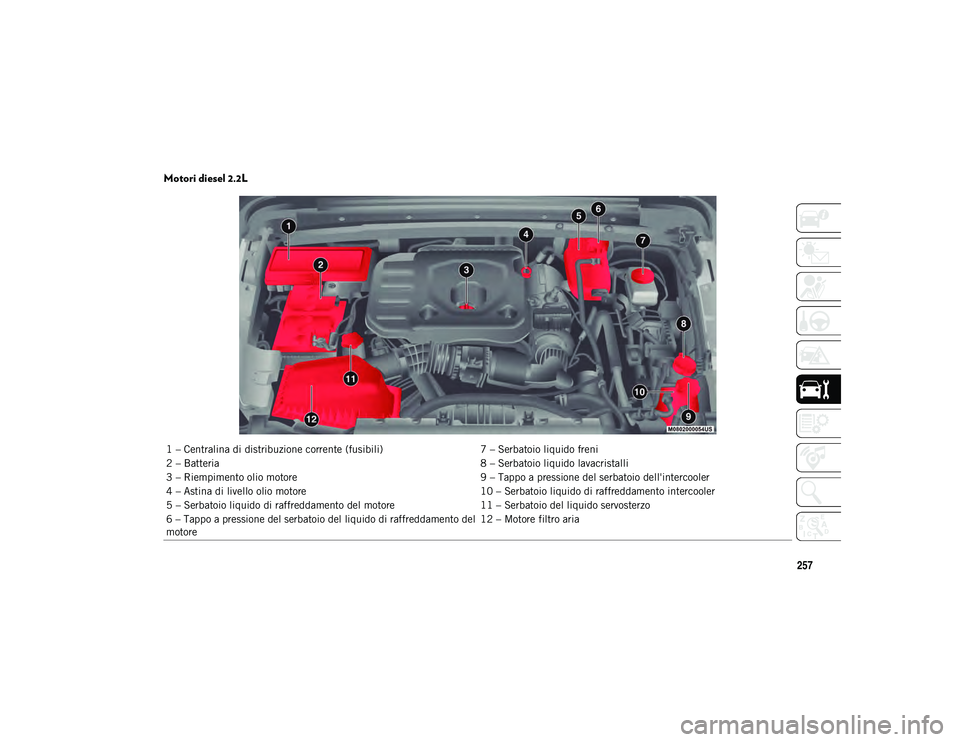 JEEP WRANGLER 2DOORS 2020  Libretto Uso Manutenzione (in Italian) 257
Motori diesel 2.2L
1 – Centralina di distribuzione corrente (fusibili)7 – Serbatoio liquido freni
2 – Batteria 8 – Serbatoio liquido lavacristalli
3 – Riempimento olio motore 9 – Tappo