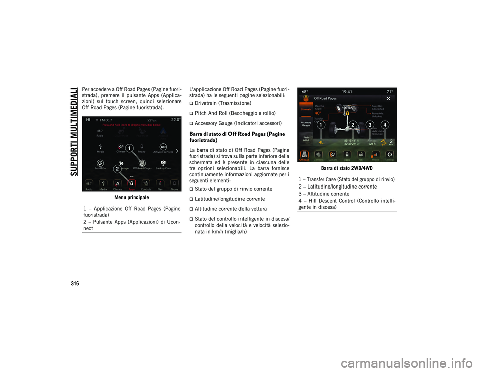 JEEP WRANGLER 2DOORS 2020  Libretto Uso Manutenzione (in Italian) SUPPORTI MULTIMEDIALI
316
Per accedere a Off Road Pages (Pagine fuori-
strada),  premere  il  pulsante  Apps  (Applica -
zioni)  sul  touch  screen,  quindi  selezionare
Off Road Pages (Pagine fuorist