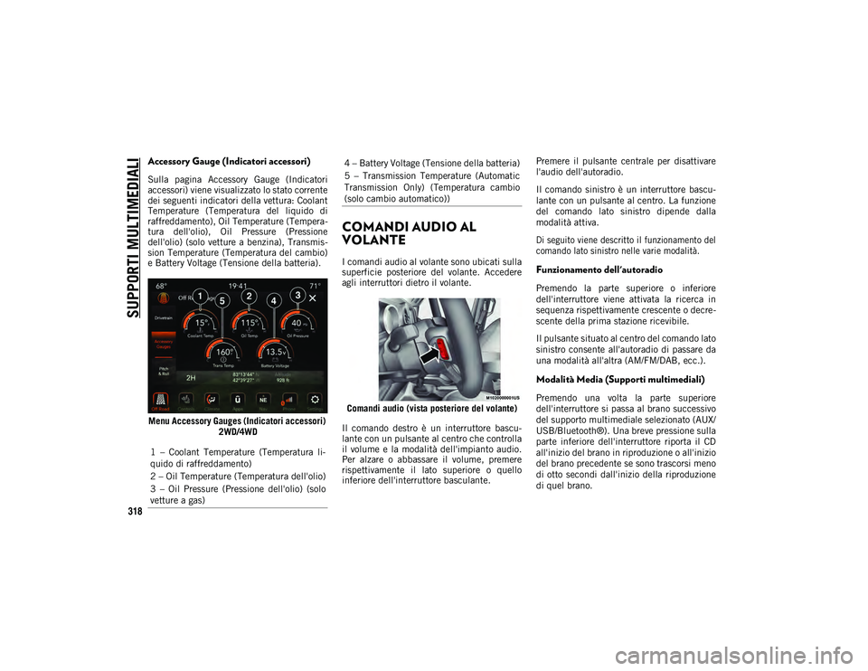 JEEP WRANGLER 2DOORS 2020  Libretto Uso Manutenzione (in Italian) SUPPORTI MULTIMEDIALI
318
Accessory Gauge (Indicatori accessori) 
Sulla  pagina  Accessory  Gauge  (Indicatori
accessori) viene visualizzato lo stato corrente
dei seguenti indicatori della vettura: Co