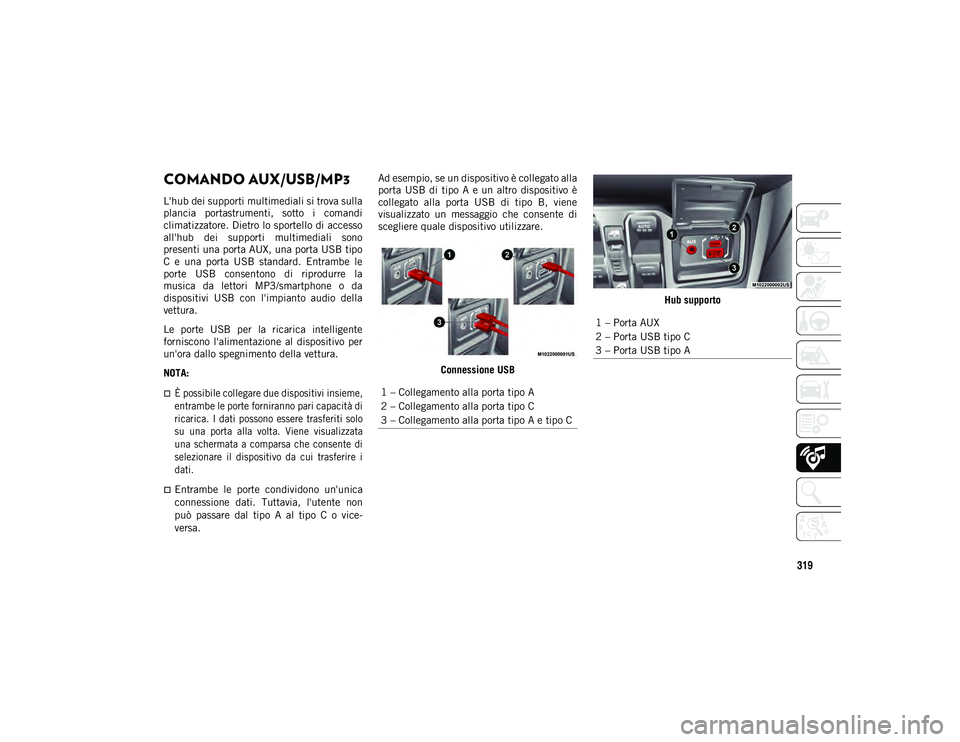 JEEP WRANGLER 2DOORS 2020  Libretto Uso Manutenzione (in Italian) 319
COMANDO AUX/USB/MP3  
L'hub dei supporti multimediali si trova sulla
plancia  portastrumenti,  sotto  i  comandi
climatizzatore. Dietro lo sportello di accesso
all'hub  dei  supporti  mult