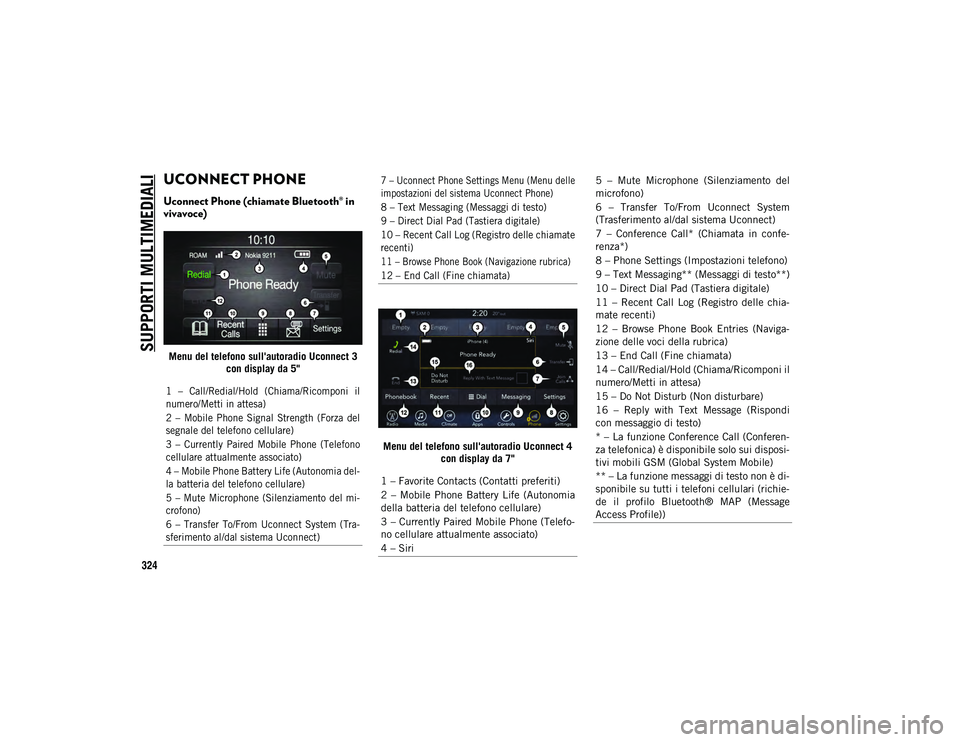 JEEP WRANGLER 2DOORS 2020  Libretto Uso Manutenzione (in Italian) SUPPORTI MULTIMEDIALI
324
UCONNECT PHONE  
Uconnect Phone (chiamate Bluetooth® in 
vivavoce)
Menu del telefono sull'autoradio Uconnect 3 con display da 5"
Menu del telefono sull'autoradio