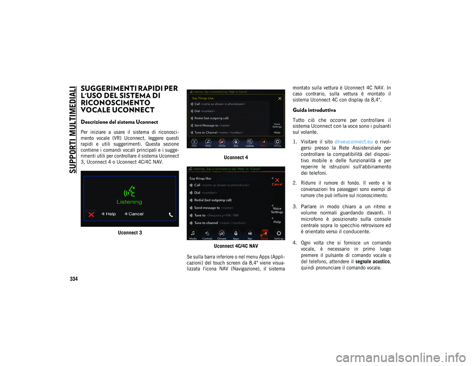 JEEP WRANGLER 2DOORS 2020  Libretto Uso Manutenzione (in Italian) SUPPORTI MULTIMEDIALI
334
SUGGERIMENTI RAPIDI PER 
L'USO DEL SISTEMA DI 
RICONOSCIMENTO 
VOCALE UCONNECT  
Descrizione del sistema Uconnect

Per  iniziare  a  usare  il  sistema  di  riconosci-
me