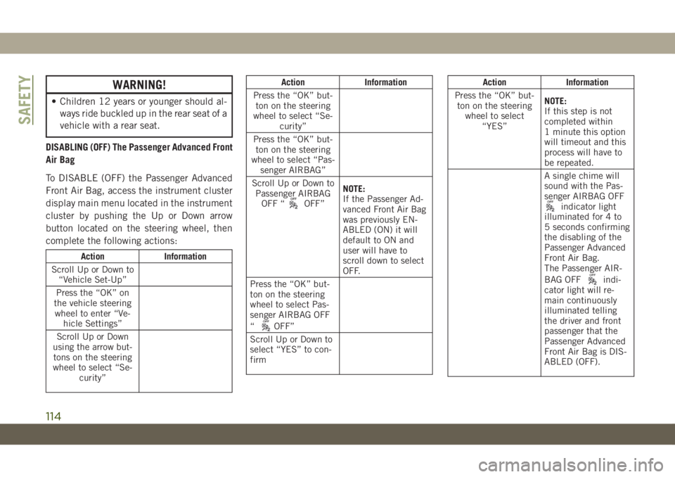 JEEP WRANGLER 2DOORS 2018  Owner handbook (in English) WARNING!
• Children 12 years or younger should al-
ways ride buckled up in the rear seat of a
vehicle with a rear seat.
DISABLING (OFF) The Passenger Advanced Front
Air Bag
To DISABLE (OFF) the Pass
